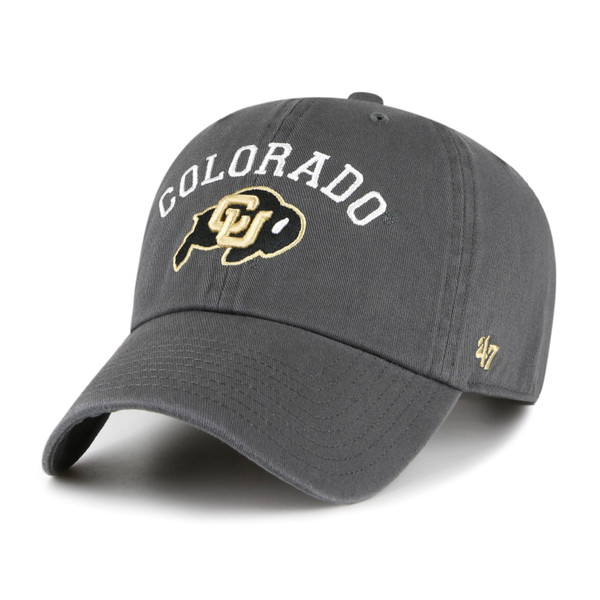A dark gray hat with embroidered Colorado lettering in white, and an embroidered C-U Buffalo logo.